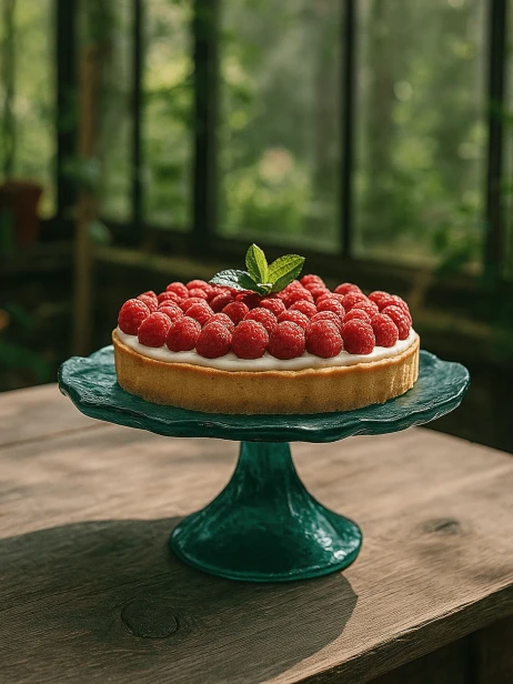 Tarta z malinami i świeżą miętą  na zielonej paterze. Patera stoi na drewnianym stole na tle rozmytego wnętrza szklarni.